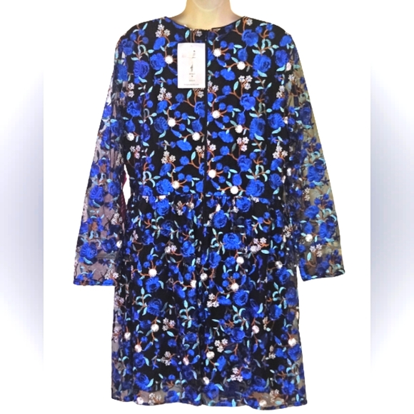 Belle Badgley Mischka Blue/Black Floral MultiColor Embroidered Dress,Size 14,NWT - Picture 2 of 15